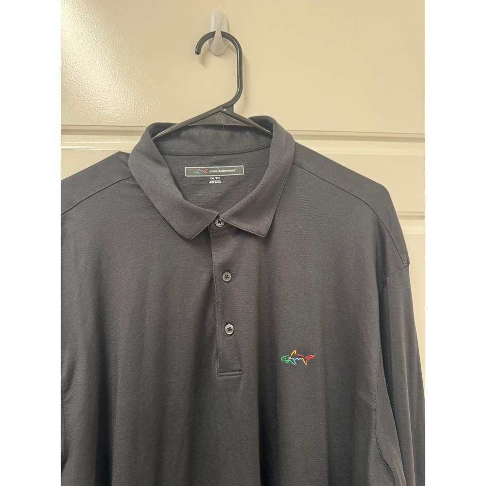 Greg Norman Mens XXL Black Long Sleeve Polo Shirt Shark Logo Performance Cotton